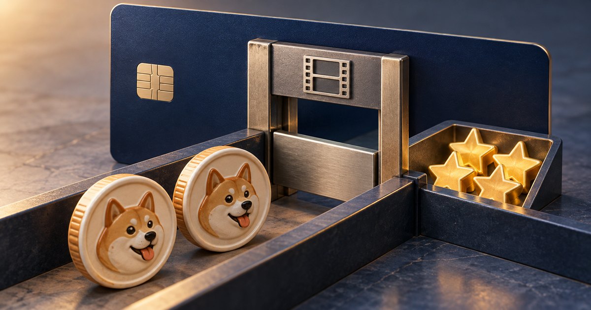 Editorial illustration: Two dog-themed coins approach a closed metal gate marked with a filmstrip symbol. Gold stars sit in a separate tray beyond the barrier, with a large blue credit card behind it.