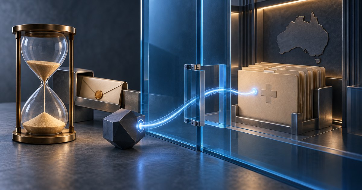 Editorial illustration: A dark geometric object sends a blue light trail through a glass barrier toward folders marked with a medical cross. An Australia silhouette hangs behind them, with an hourglass and sealed envelope to the left.