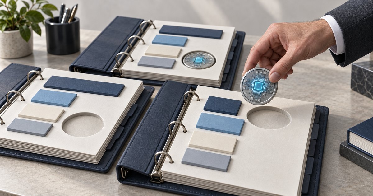 Editorial illustration: Three open navy portfolio binders display rectangular allocation blocks and circular recesses. One holds a circuit-patterned coin, while a suited hand lowers another coin toward an empty recess.