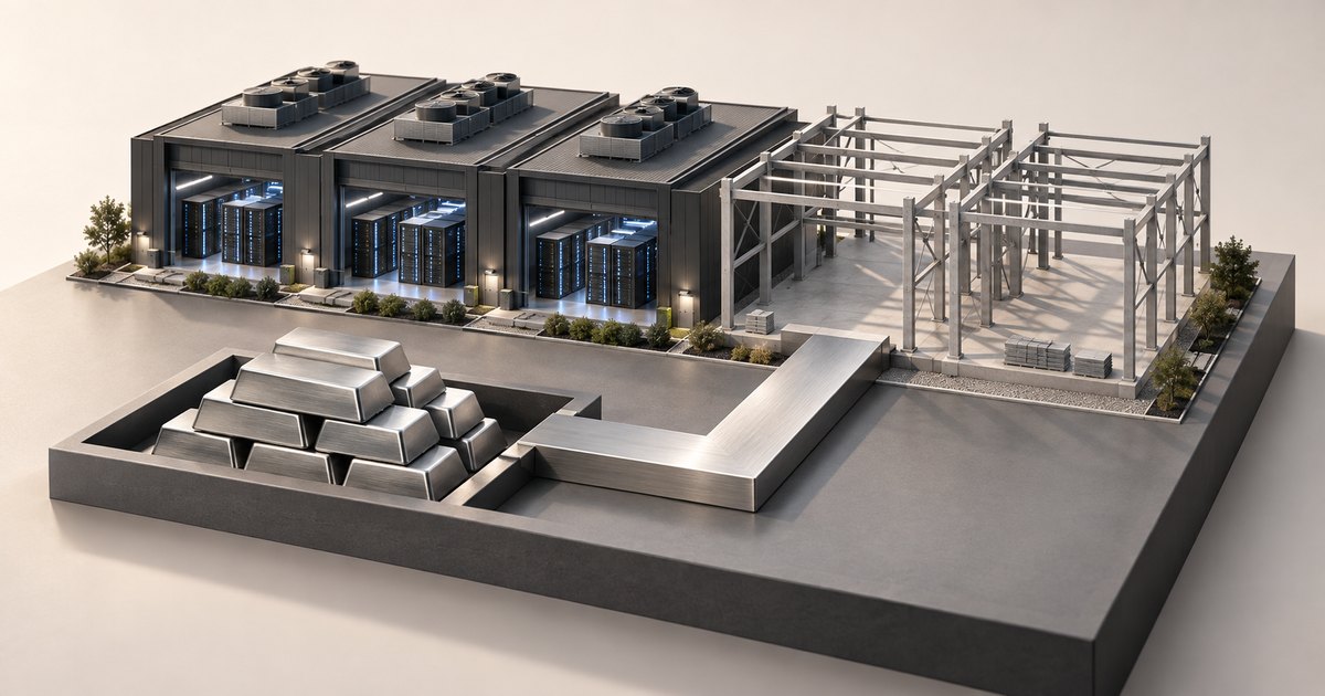 Editorial illustration: Stacked silver-colored ingots connect by a wide metallic channel to a miniature data center, with illuminated server racks in completed buildings beside unfinished steel frames.