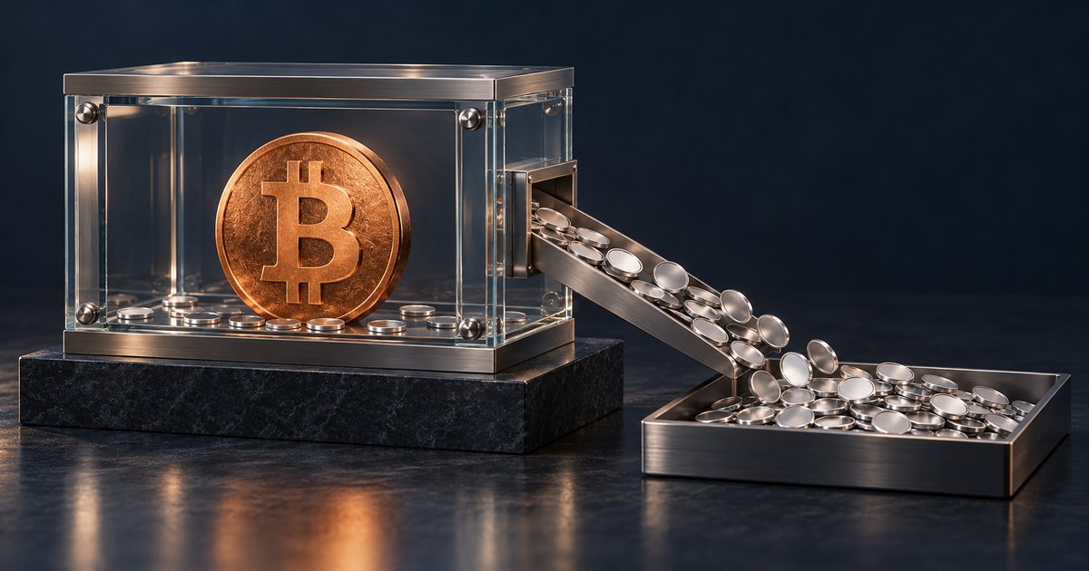 Editorial illustration: A large copper Bitcoin coin stands inside a glass and metal vault while silver coins spill down a chute into a tray against a dark background.
