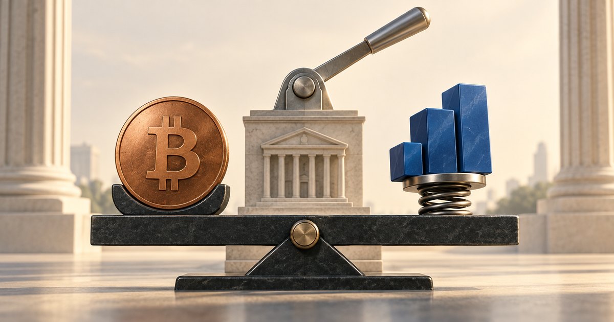 Editorial illustration: A Bitcoin coin and three ascending blue bars on a spring sit on opposite sides of a level balance. A classical bank building with a raised metal lever stands behind them.
