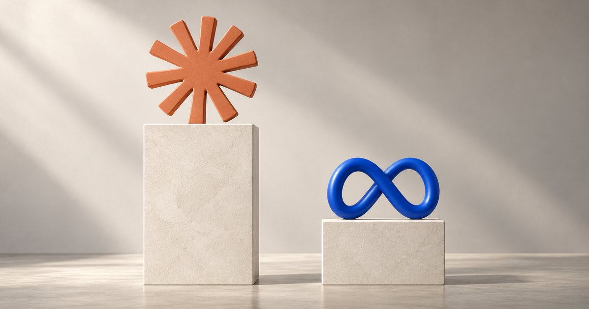 Editorial illustration: An orange sunburst stands on a tall stone pedestal beside a blue infinity symbol on a shorter pedestal, against a softly lit beige background.