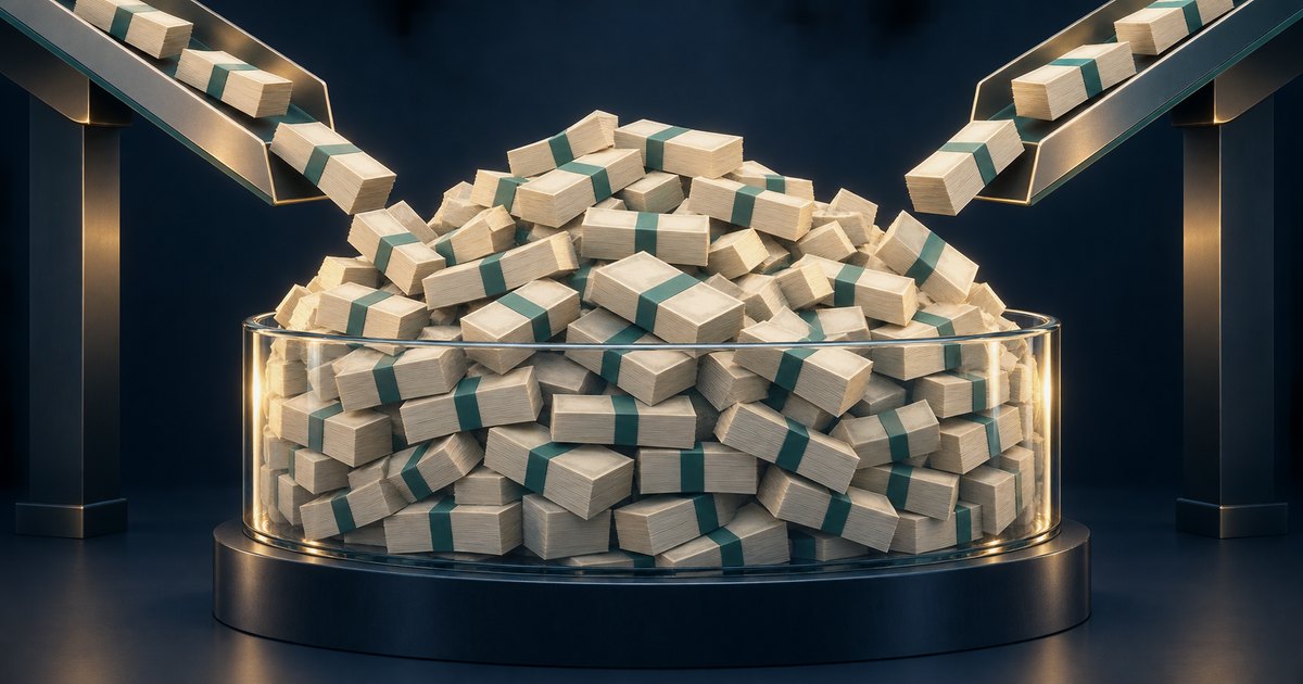 Editorial illustration: Bundles of money descend from two metal chutes into a transparent circular container, forming a mound above its rim against a dark blue background.