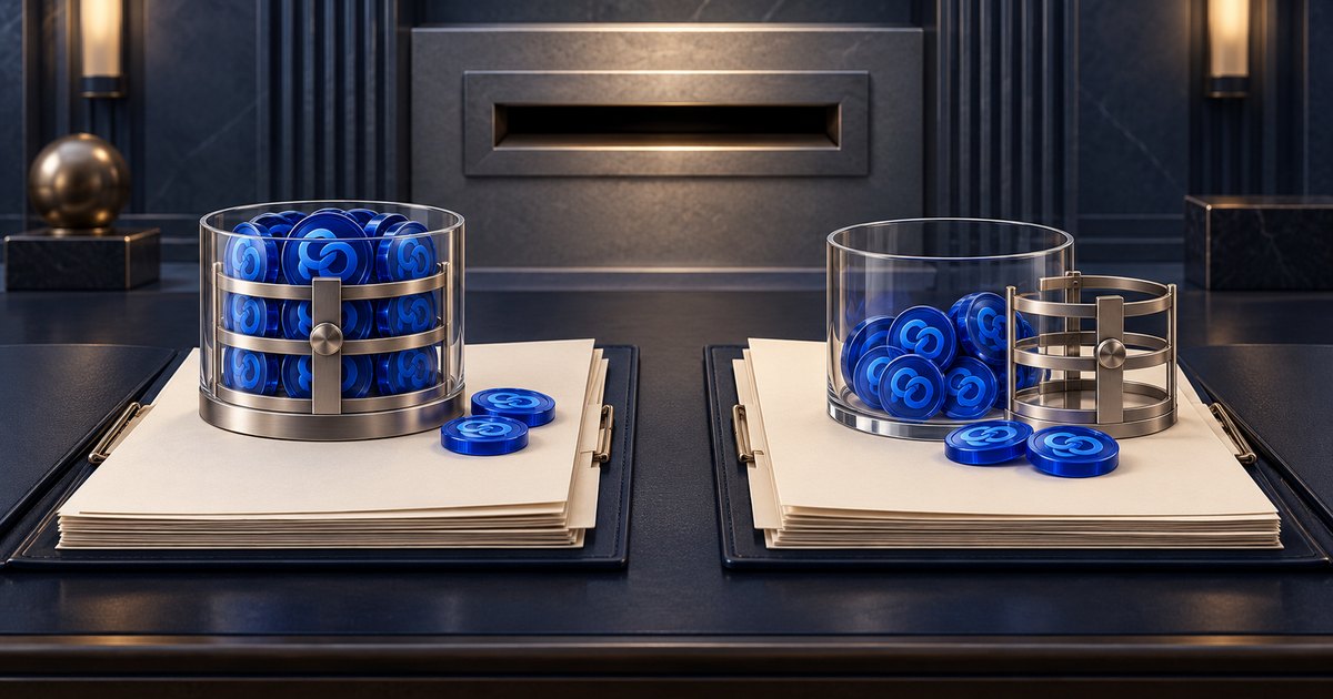 Editorial illustration: Two stacks of cream documents sit on a dark desk beneath blue tokens bearing Injective symbols. A closed cylindrical metal enclosure surrounds the left collection; an open enclosure stands beside the smaller right‑​​