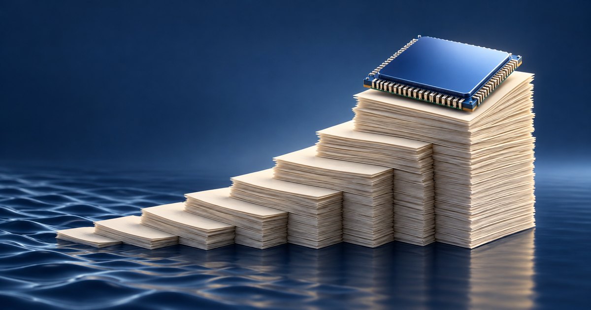 Editorial illustration: Stacks of cream-colored paper rise like steps toward a blue microchip on the tallest stack, against a dark blue background and reflective, rippled surface.