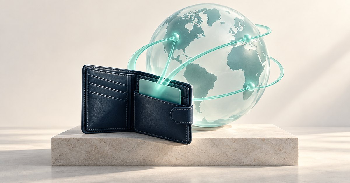 Editorial illustration: An open dark leather wallet holding a mint-colored card stands before a translucent globe, with glowing paths connecting the card to points around the globe.