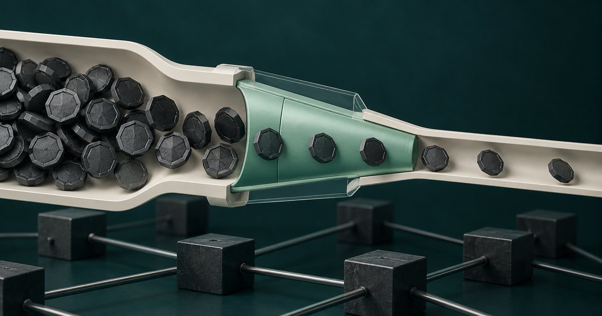 Editorial illustration: Dark faceted discs pass from a crowded wide channel through a green tapered section into a narrow channel holding fewer discs. Connected dark blocks sit below against a deep teal background.