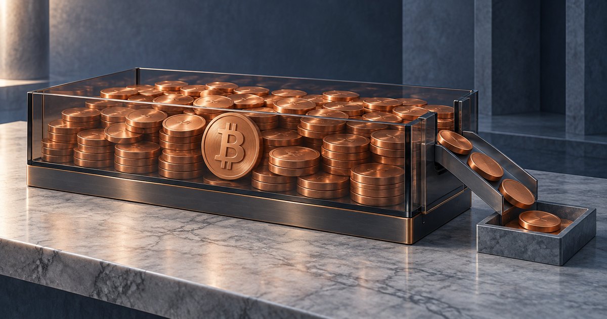 Editorial illustration: A transparent container filled with copper-colored coins and a prominent Bitcoin symbol releases several coins down a chute into a small tray.