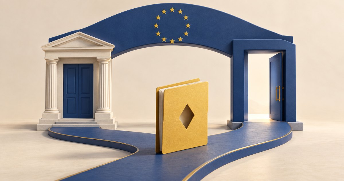 Editorial illustration: A gold folder with a diamond-shaped cutout stands on a branching blue path connecting a closed columned entrance and an illuminated open doorway beneath a blue arch bearing gold EU stars.