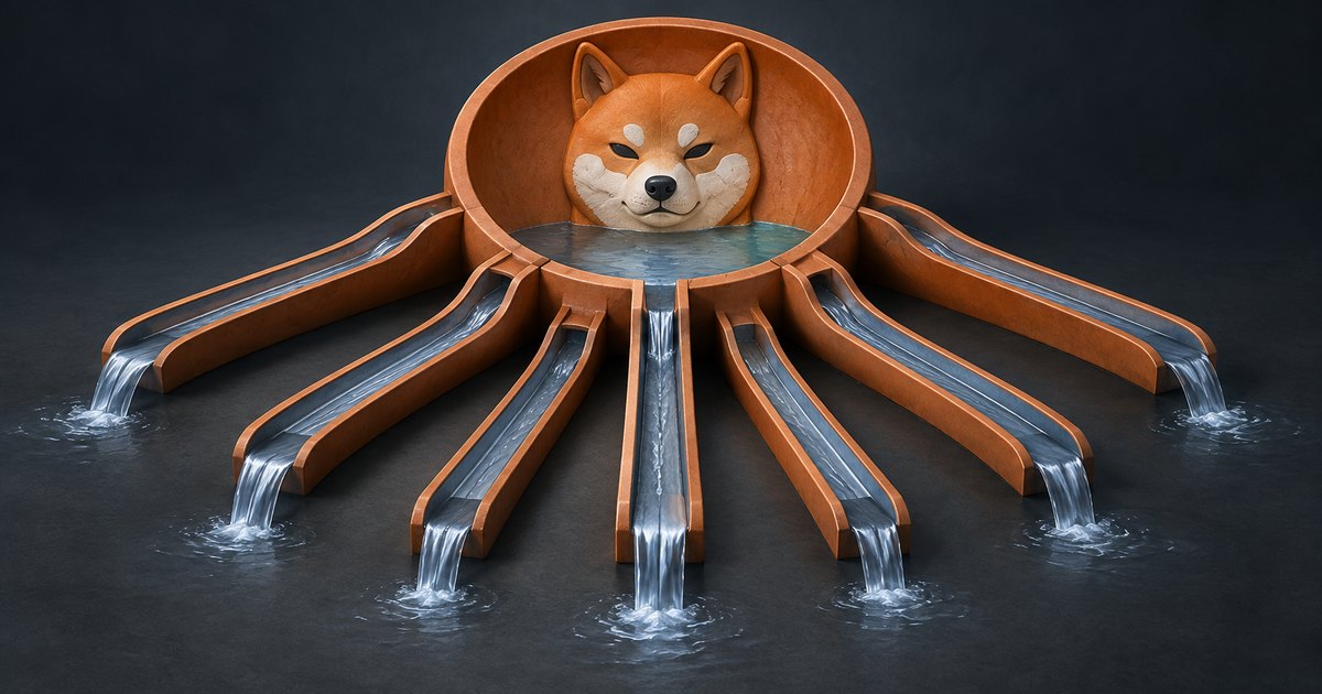 Editorial illustration: A sculpted Shiba Inu head sits inside a copper-colored reservoir, with water spilling outward through seven channels onto a dark surface.