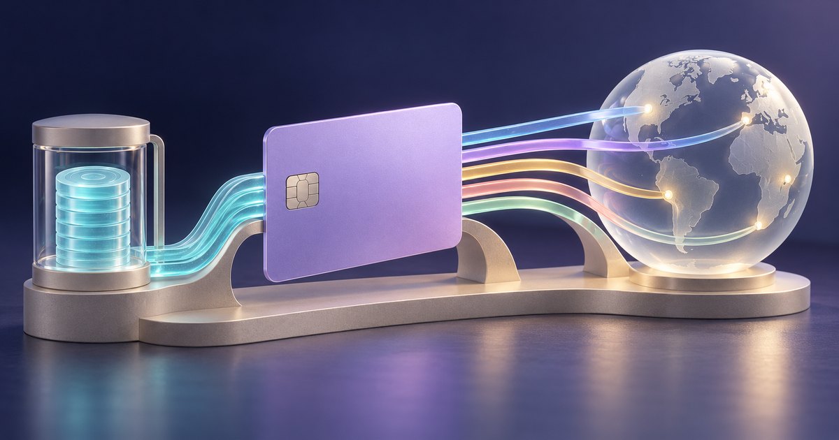Editorial illustration: Glowing turquoise coins in a glass cylinder connect to a purple payment card, with colored light streams extending toward illuminated points on a translucent globe.