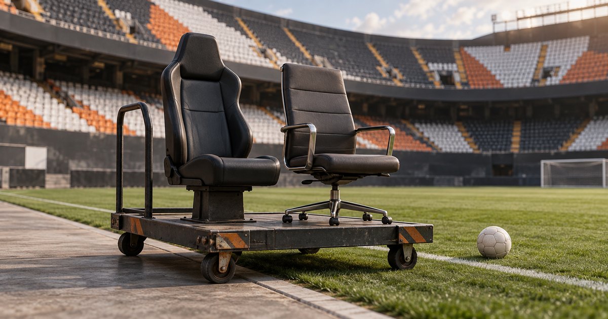 Editorial illustration: An empty dugout-style seat and office chair stand on a wheeled platform beside a soccer pitch. A ball rests nearby, with empty black, white and orange stadium seating behind them.