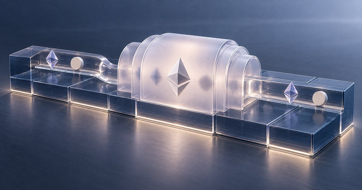 Editorial illustration: Ethereum symbols and pale circular tokens sit in clear glass channels connected through a frosted enclosure bearing a large Ethereum emblem, against a dark blue background.