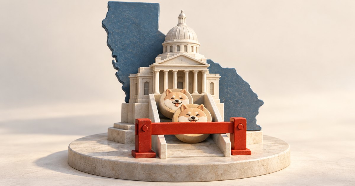 Editorial illustration: Two dog-faced coins sit on the steps of a domed government building behind a red barrier, with a blue California silhouette in the background.