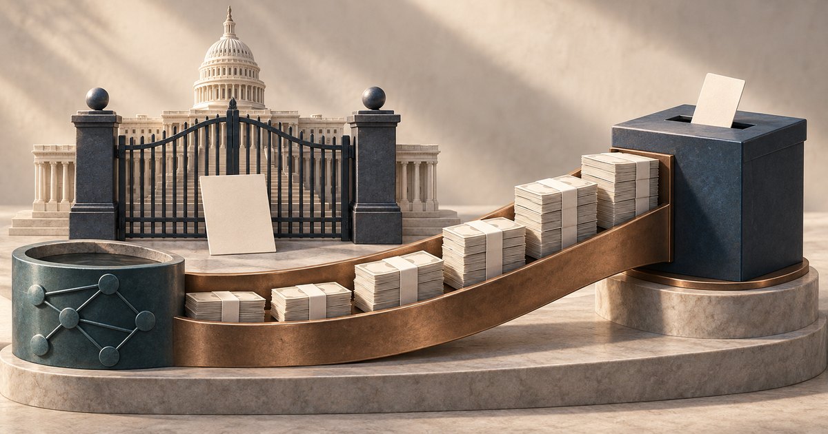 Editorial illustration: Increasingly tall stacks of bundled money line a rising bronze channel between a cylinder bearing a connected-node symbol and a ballot box. A closed iron gate stands before the U.S. Capitol behind them.