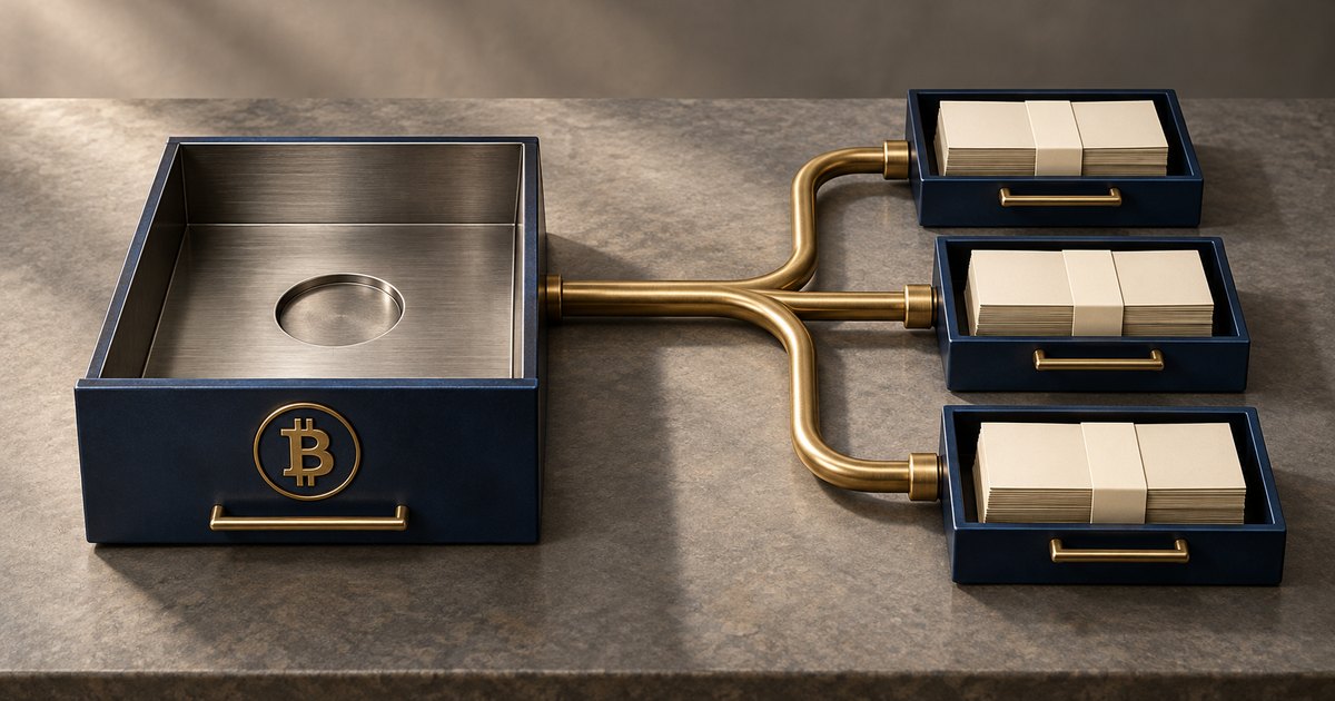 Editorial illustration: An empty navy drawer bearing a Bitcoin symbol connects through branching brass pipes to three smaller drawers filled with cream-colored paper bundles.