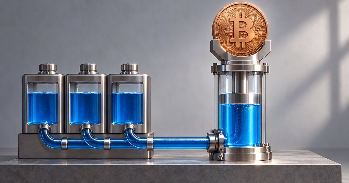 Editorial illustration: Three metal reservoirs containing blue liquid connect through transparent pipes to a larger hydraulic cylinder whose piston supports a gold Bitcoin coin.