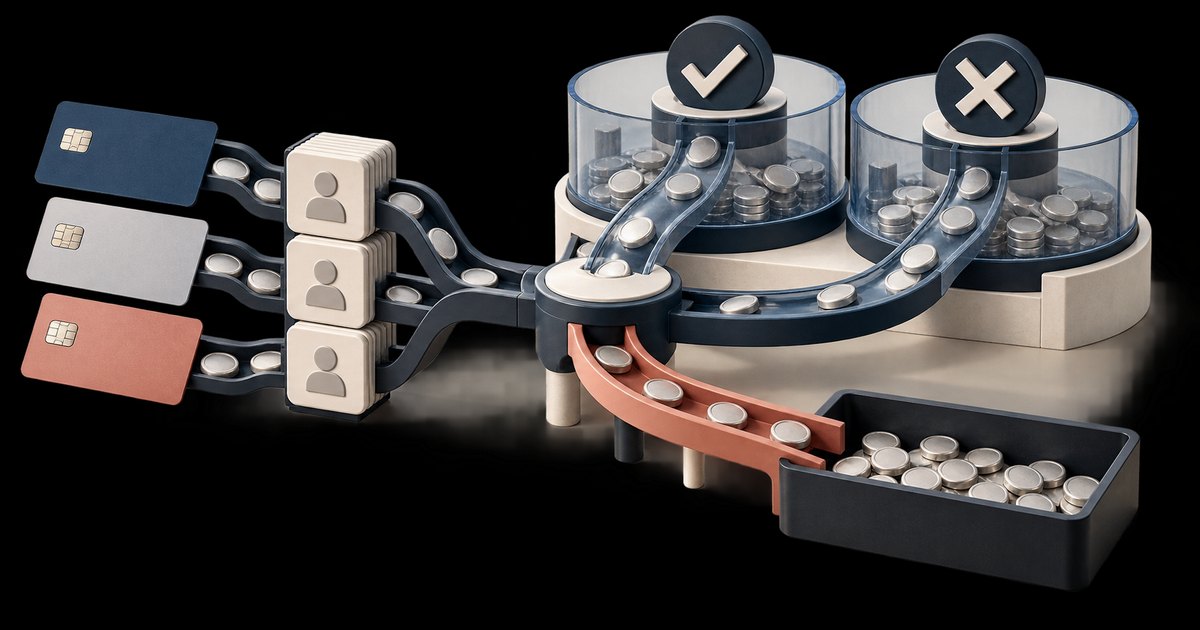 Editorial illustration: Three payment cards connect through stacks of account icons to coin-filled channels and transparent pools marked with a check and a cross. A coral branch carries coins into a dark collection tray.