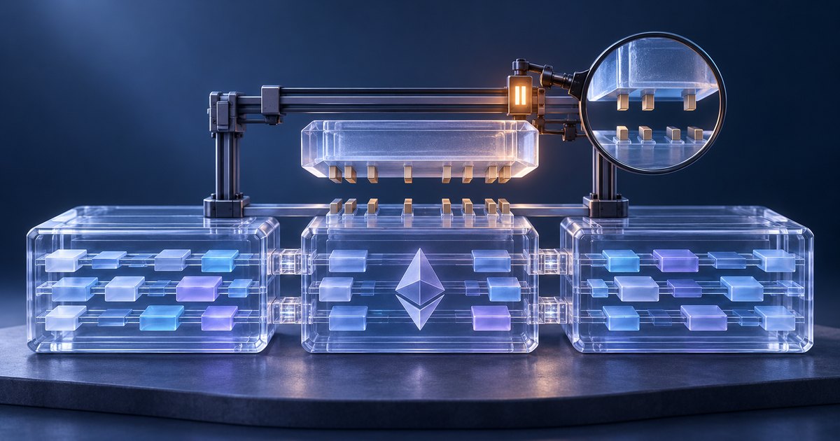 Editorial illustration: Three connected transparent modules, the center bearing the Ethereum symbol, sit beneath a raised connector assembly. A magnifying glass enlarges separated contacts beside an illuminated pause symbol.