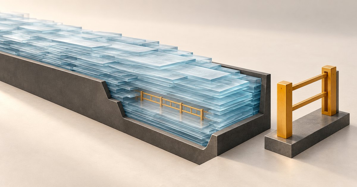 Editorial illustration: Pale blue transparent panels fill a dark trough, surrounding a small gold guardrail. A larger gold barrier stands separately on a solid base.