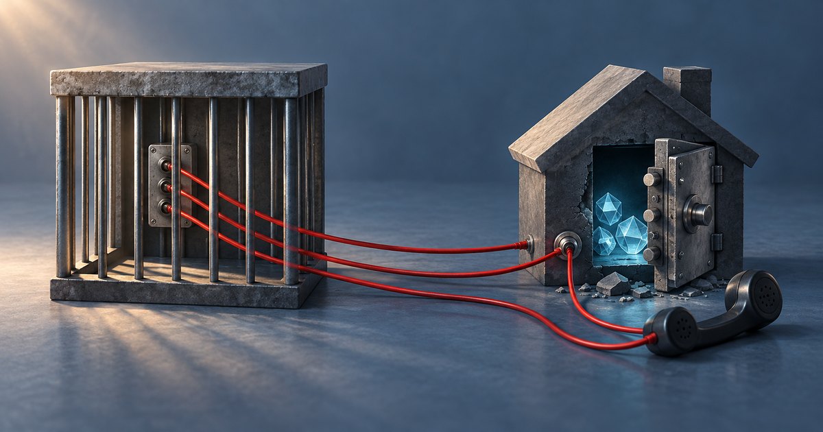 Editorial illustration: Red cables run from behind prison bars to a broken house-shaped safe holding glowing blue crystals and a black telephone receiver on the floor.