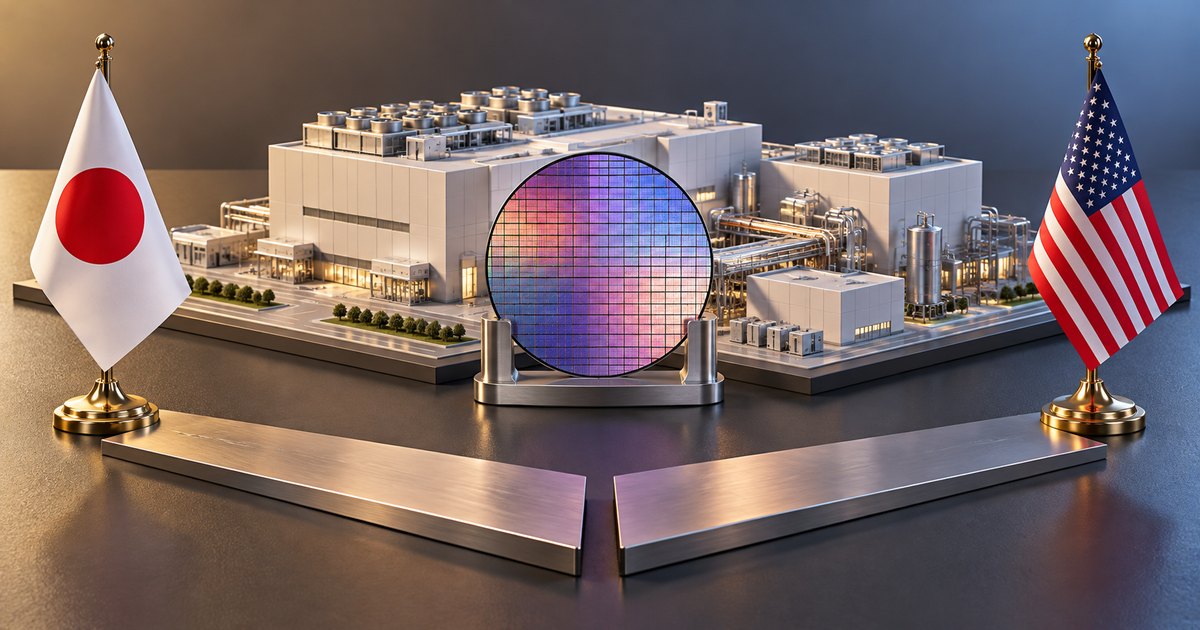 Editorial illustration: Japanese and American desk flags flank a miniature semiconductor factory, with an iridescent silicon wafer displayed centrally and two metallic bars in the foreground.