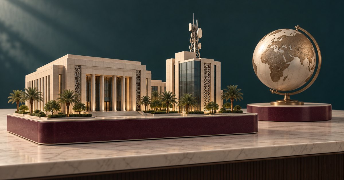 Editorial illustration: Miniature stone buildings, palm trees and a telecommunications tower stand on a burgundy platform beside a globe on a separate round pedestal.