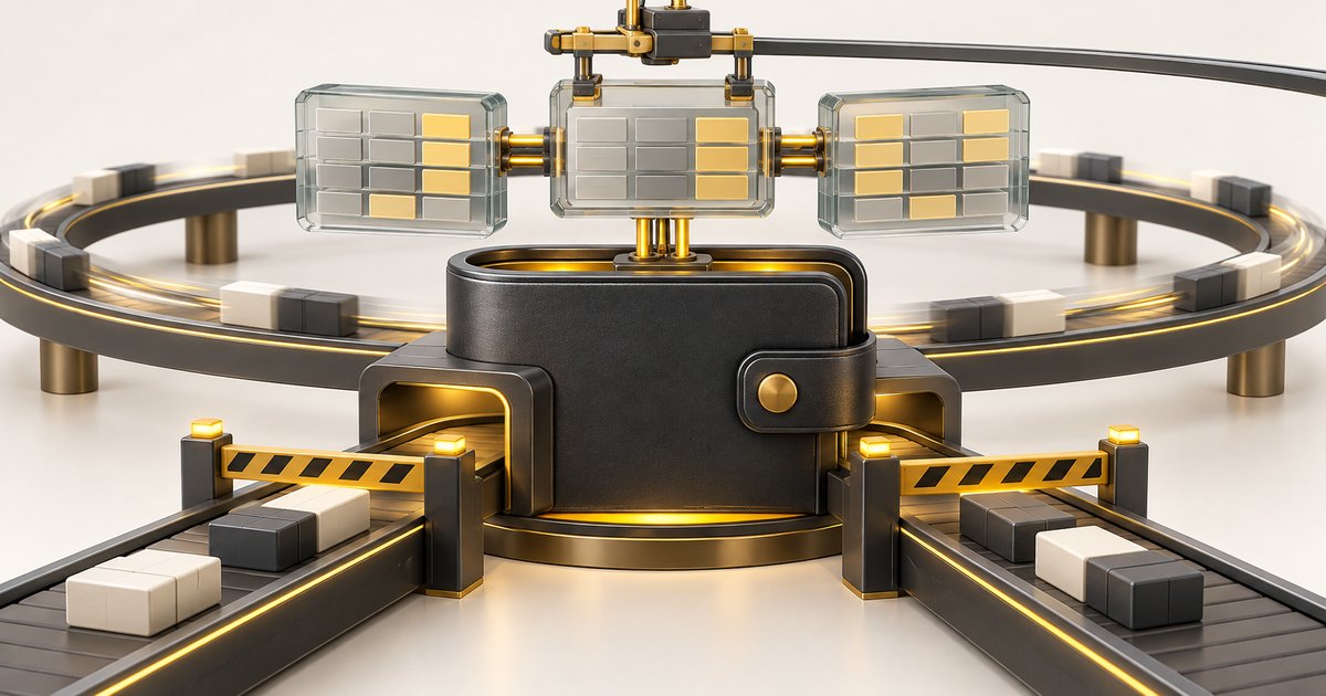 Editorial illustration: A black wallet sits between two conveyor belts blocked by yellow-and-black barriers. Mechanical arms hold glass panels above it, while another conveyor loops behind.