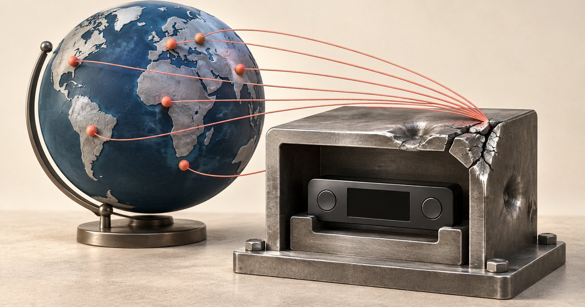 Editorial illustration: Orange lines connect pins on a blue globe to a cracked, dented metal enclosure containing a black electronic device.