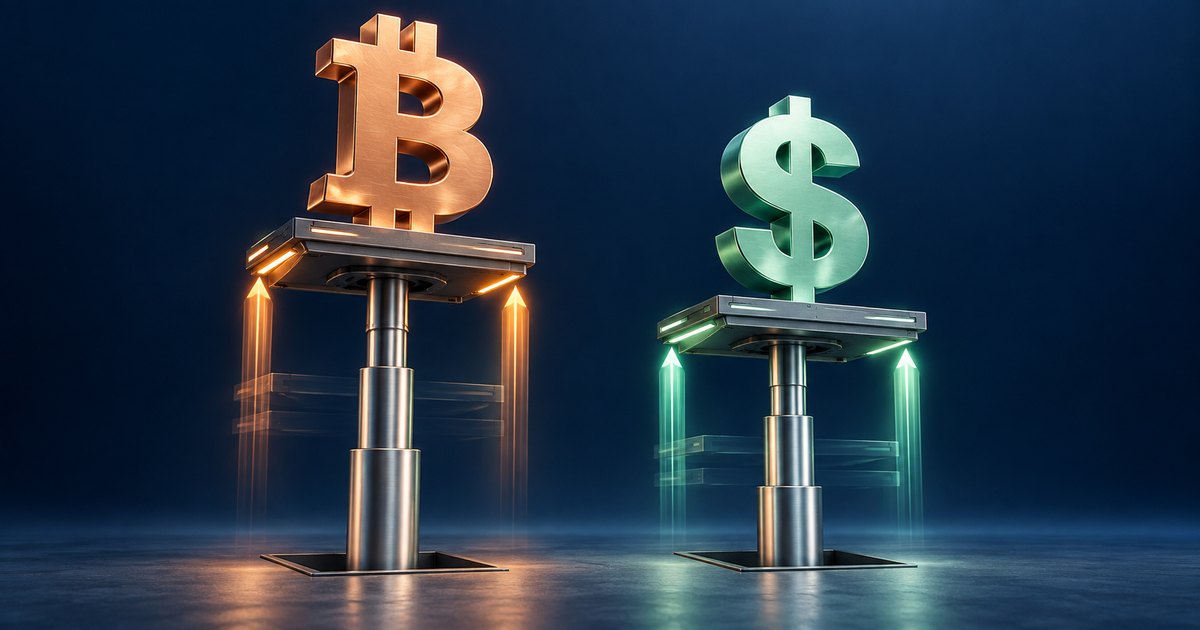 Editorial illustration: A gold Bitcoin symbol and a green dollar symbol stand on raised metal piston platforms, flanked by glowing upward arrows against a dark blue background.