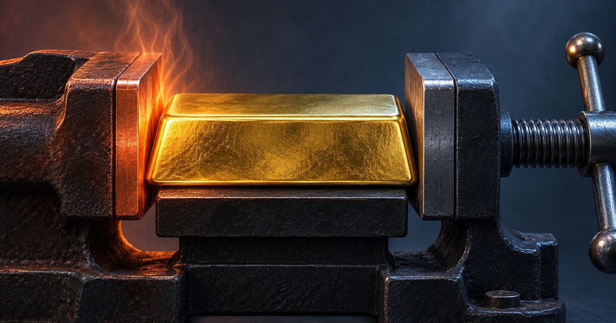 Editorial illustration: A gleaming gold bar clamped between dark steel vise jaws, with orange flames rising beside the left jaw against a blue-black background.