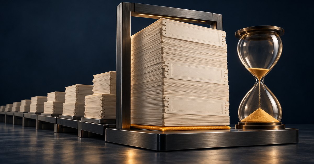 Editorial illustration: A towering stack of blank cream certificates sits within a dark metal frame beside a brass hourglass containing golden sand, with smaller stacks receding into the background.