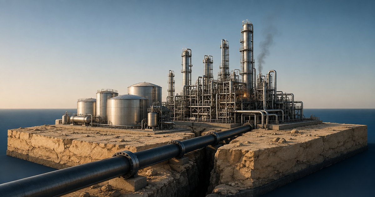 Editorial illustration: A coastal refinery stands on a cracked slab of rocky ground, with a large pipeline crossing the fissure and a thin plume of dark smoke rising behind the towers.