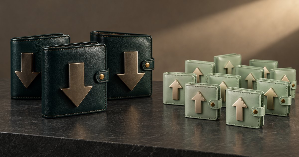 Editorial illustration: Large dark green leather wallets with bronze downward arrows stand beside smaller pale green wallets with upward arrows on a dark stone surface.