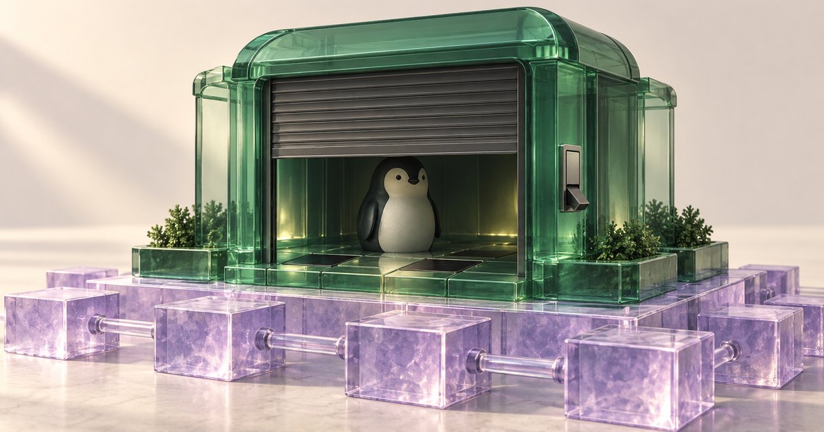 Editorial illustration: A penguin stands inside a green glass kiosk beneath a partially lowered metal shutter. Linked purple glass blocks surround the kiosk.