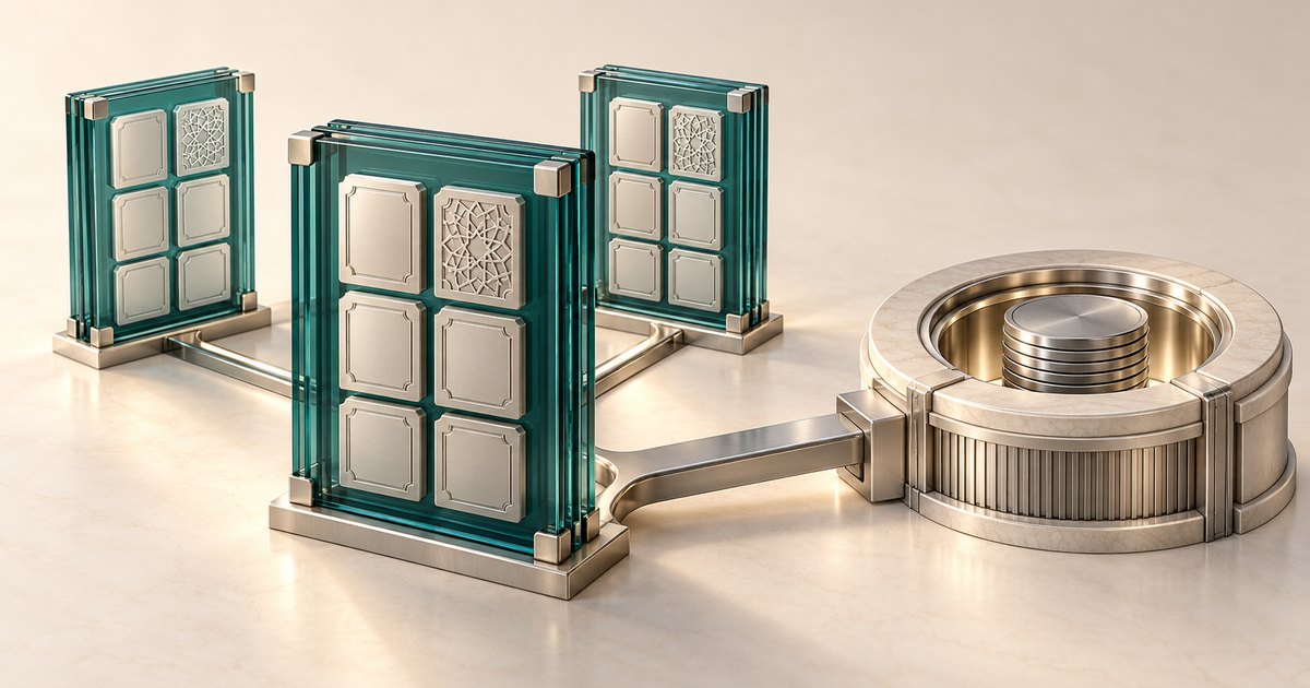 Editorial illustration: Three teal glass panels containing metallic tiles and geometric lattice motifs connect by metal rails to a circular gold-toned hub holding stacked coins.