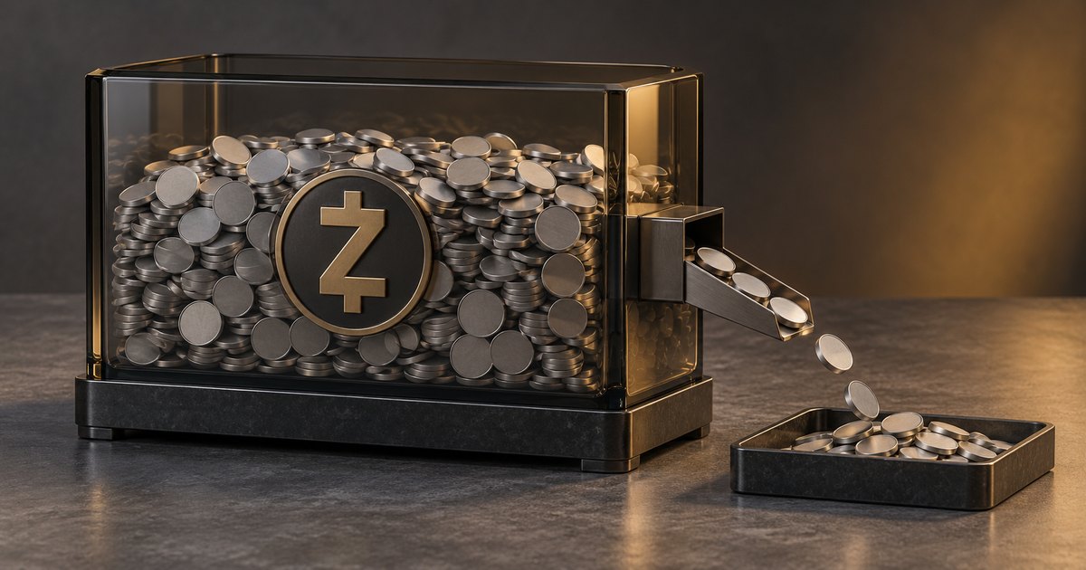 Editorial illustration: A glass container filled with silver coins bears a large Zcash symbol. Coins spill through a side chute into a shallow tray on a dark tabletop.