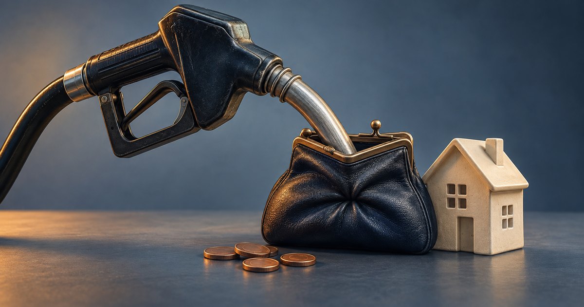 Editorial illustration: A large fuel nozzle extends into an open black coin purse beside a small cream-colored model house and scattered copper-colored coins.