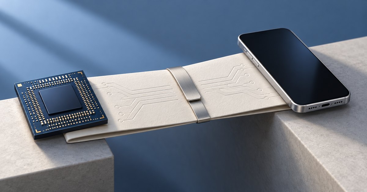Editorial illustration: A microchip and a dark-screen smartphone rest at opposite ends of a cream paper bridge spanning two stone blocks. A silver clip secures the paper, which bears embossed circuit patterns.