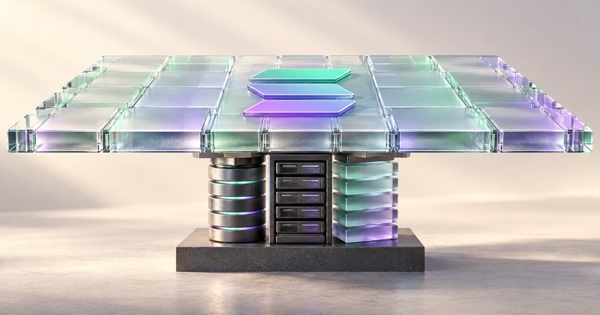 Editorial illustration: A wide tiled glass platform bearing the Solana symbol rests on clustered supports shaped like stacked disks, server hardware and translucent blocks.