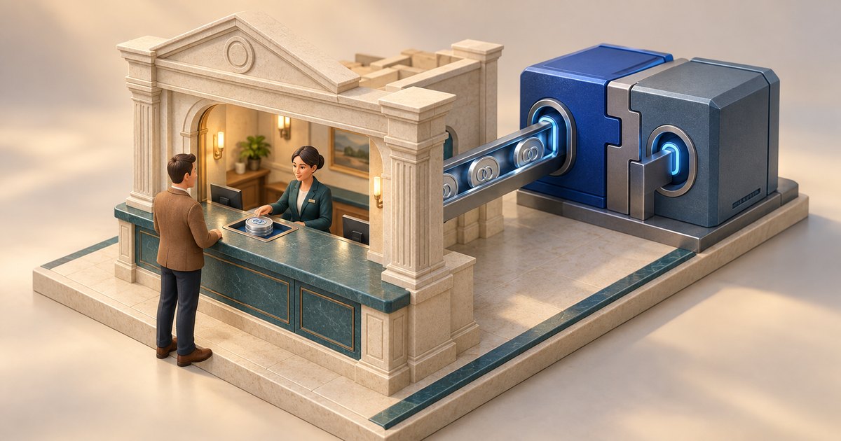 Editorial illustration: A customer speaks with a teller at a stone bank counter. Behind the counter, a conveyor carrying silver tokens connects to two interlocking blue and gray modules with glowing ports.