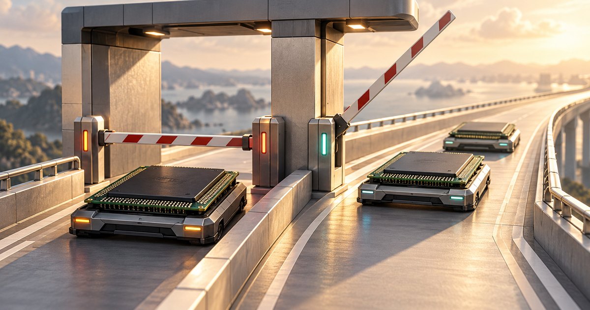 Editorial illustration: Vehicles carrying oversized computer chips approach a checkpoint. A lowered barrier blocks one lane while a raised barrier allows passage in the adjacent lane.
