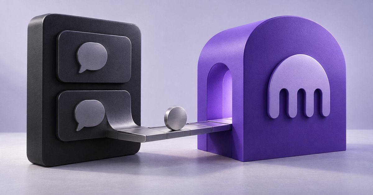 Editorial illustration: A silver coin rests on a short metal conveyor linking a dark panel with two speech-bubble cards to a purple gateway bearing the Kraken symbol.