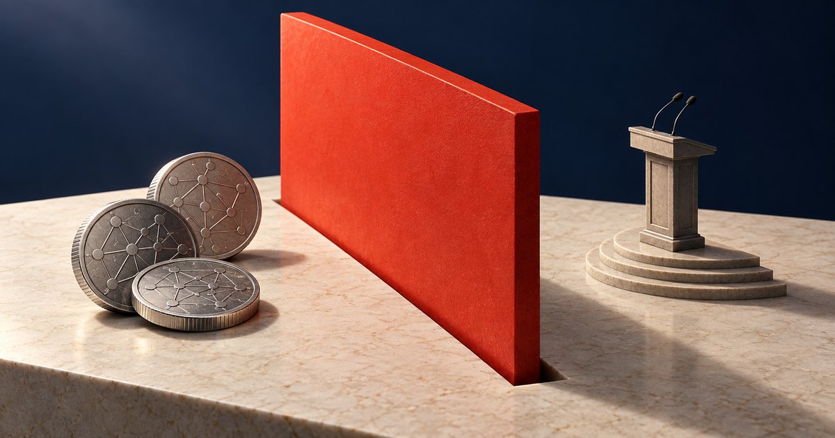 Editorial illustration: Three metallic coins bearing network patterns sit on one side of a tall red barrier, with a stone lectern and two microphones on the other.