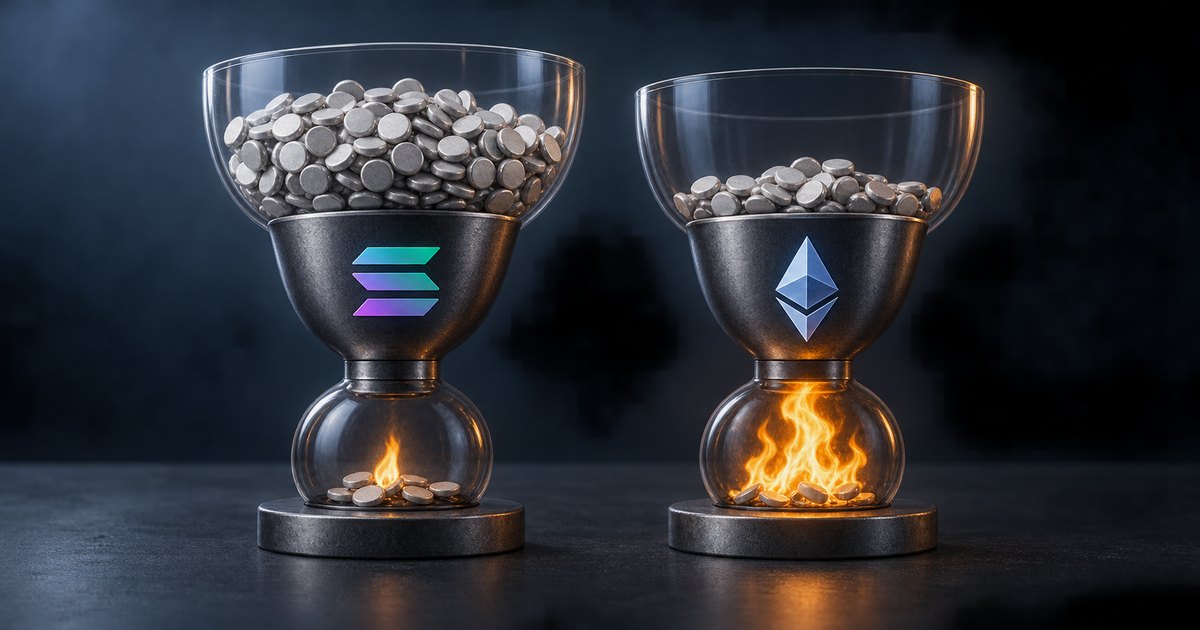 Editorial illustration: Two glass vessels bearing Solana and Ethereum symbols hold silver coins. The Solana vessel on the left contains more coins above a small flame; the Ethereum vessel on the right contains fewer coins above a larger, яр