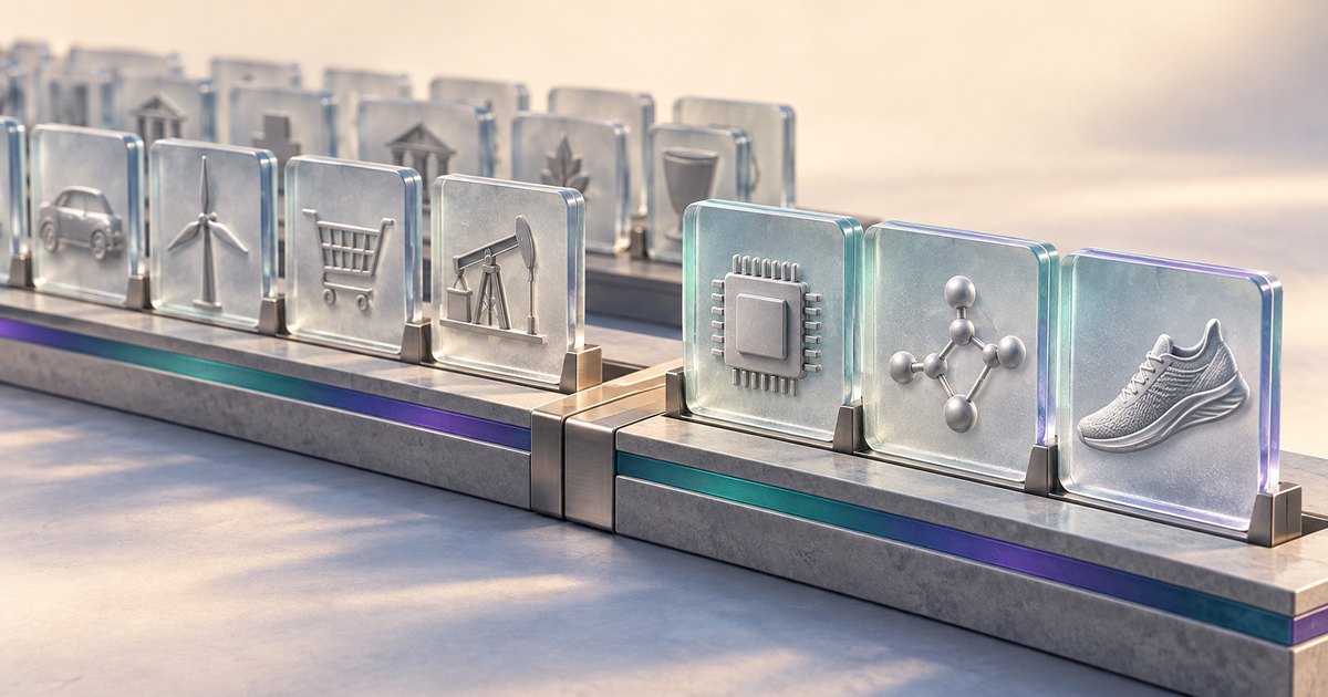 Editorial illustration: Rows of translucent tiles display industry symbols on connected metallic platforms. Prominent foreground tiles show a microchip, a molecular structure and a running shoe, above teal and purple bands.