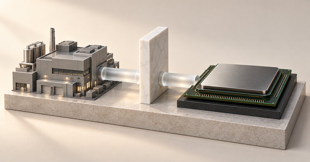 Editorial illustration: A miniature industrial factory and an oversized computer chip sit on a stone platform, with translucent connecting tubes separated by an upright stone wall.