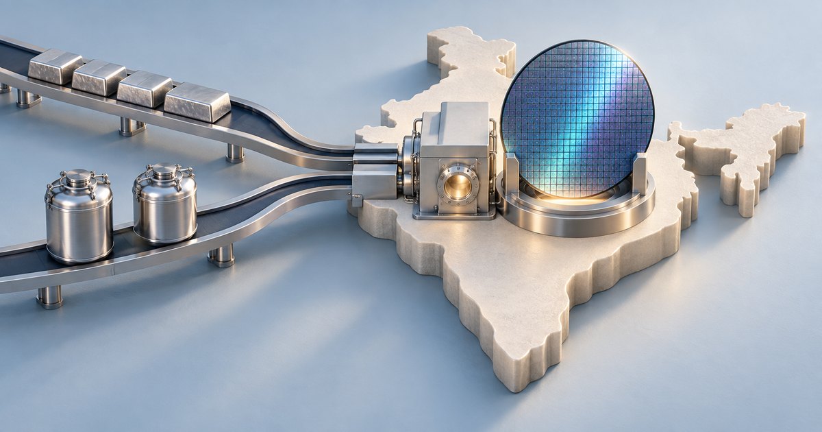 Editorial illustration: Two conveyor belts carrying silver blocks and metal canisters lead toward machinery and a large iridescent silicon wafer on a raised map of India.