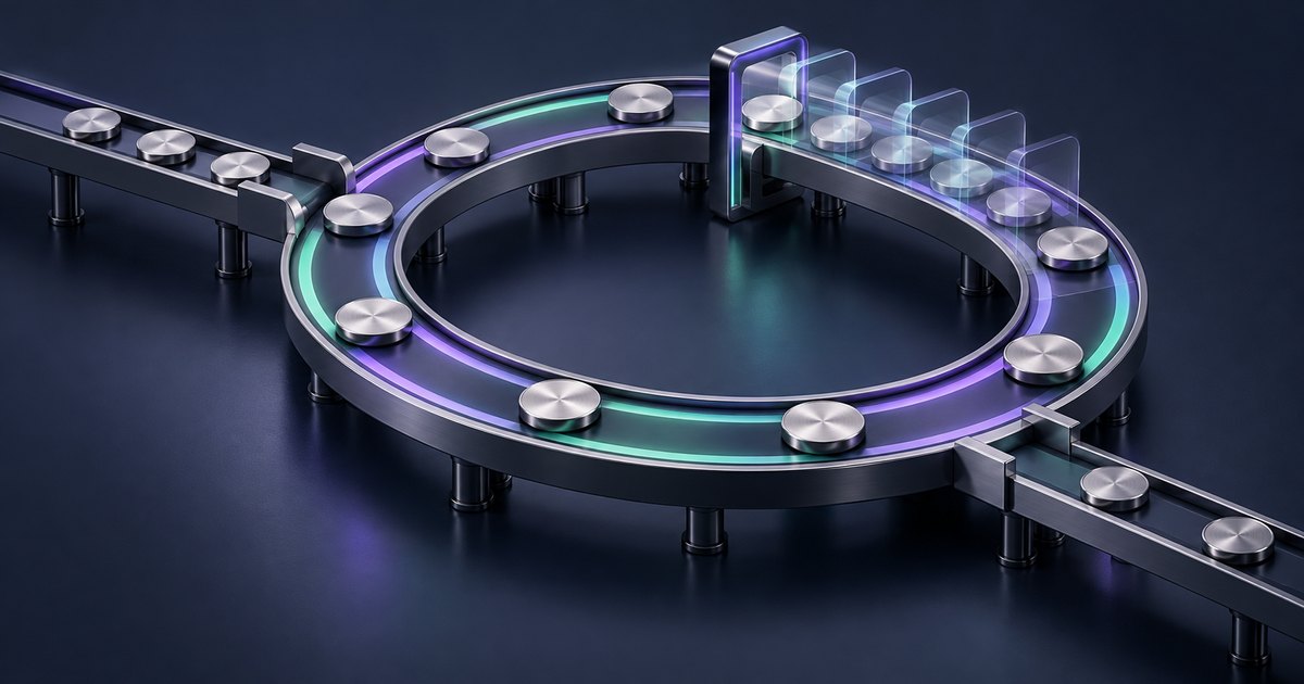 Editorial illustration: Silver discs sit on a circular conveyor with purple and mint lighting, passing through a gate followed by translucent upright panels. Straight conveyor sections extend beyond opposite edges.